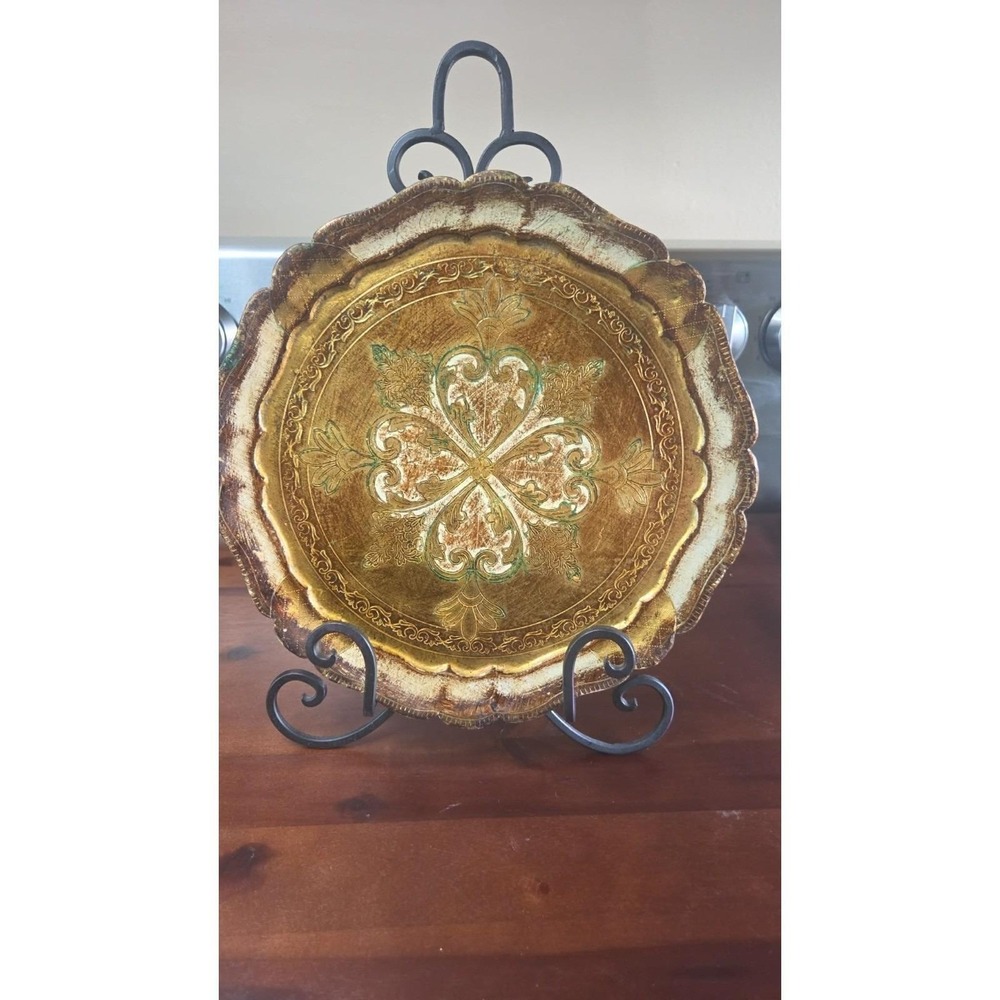 Vintage Florentine Italian Wood Gold Gilt Scalloped Round Tray 11.5" Italy